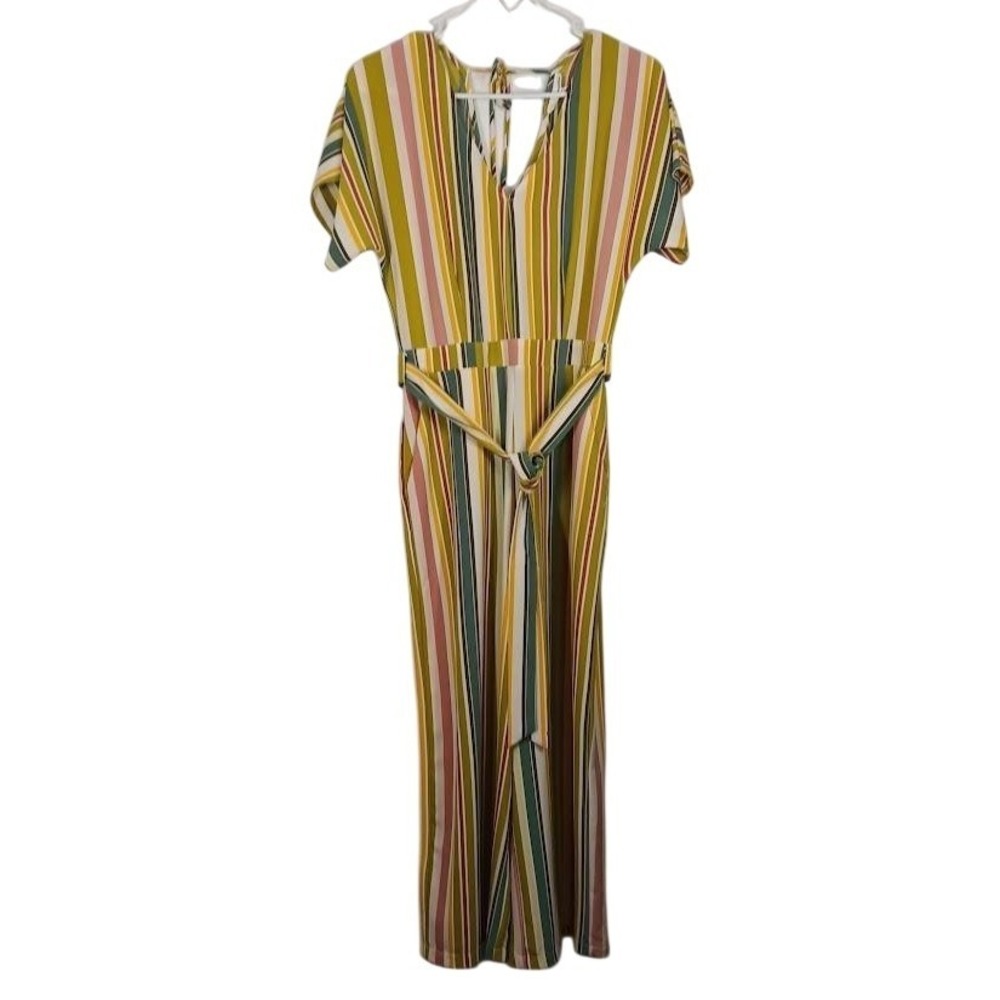 June & Hudson Jumpsuit Womens Small Multicolor Stripe Tie‎ Waist Wide Leg V Neck